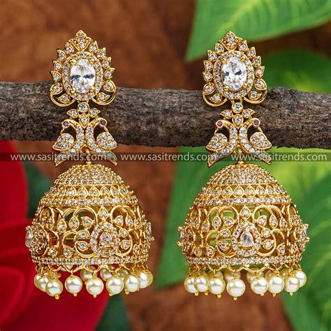Matte Gold Plated Bridal Jhumka Earrings | Peacock Motif | AD Stones ...