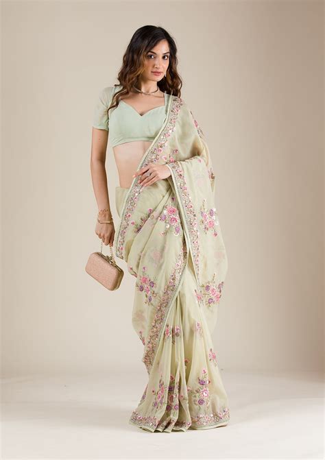 Buy Pista Green Threadwork Organza Saree - Koskii