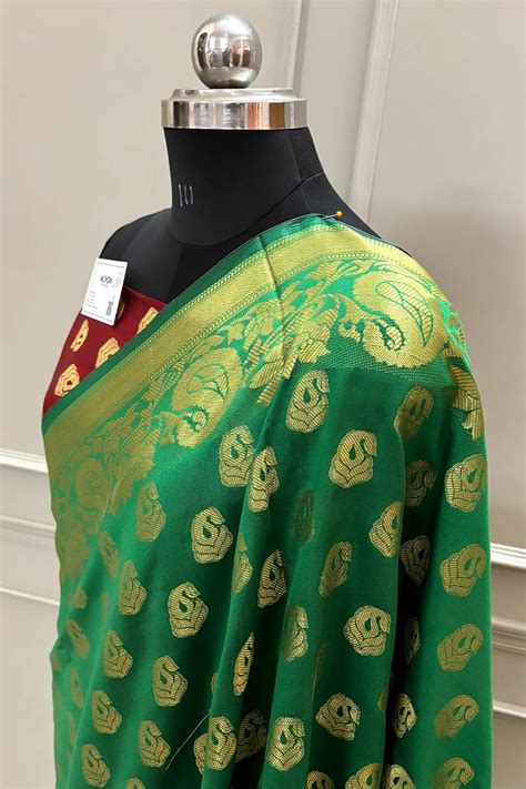 Green and Red Golden Zari Satin Silk Banarasi Saree – Mohsin Textiles