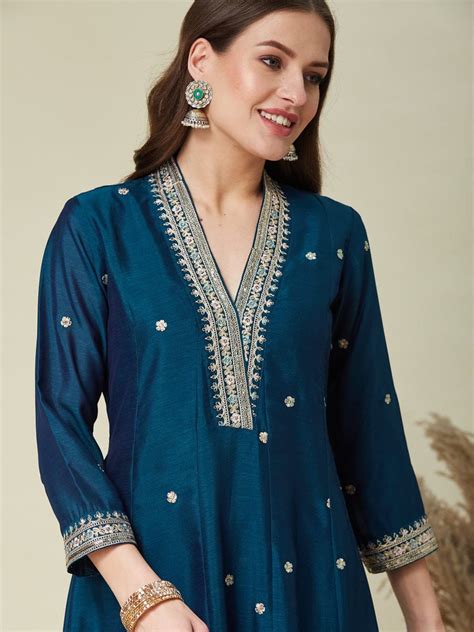 Prettiest Navy Blue Vichhitra Silk Embroidery Work Anarkali Suit Set ...