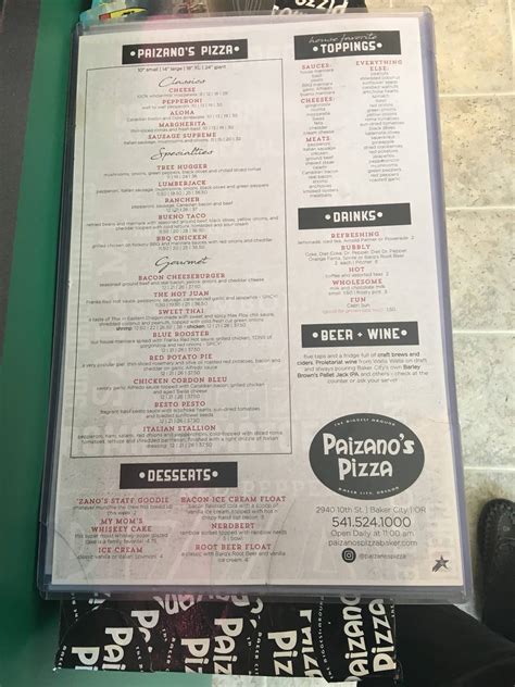 Menu at Paizano's Pizza pub & bar, Baker City