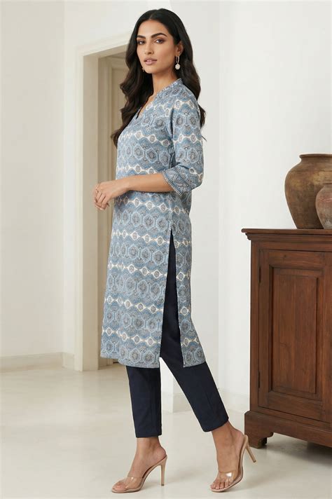 Buy Blue Ethnic Motifs Printed Modal Straight Kurta Online for Woman ...