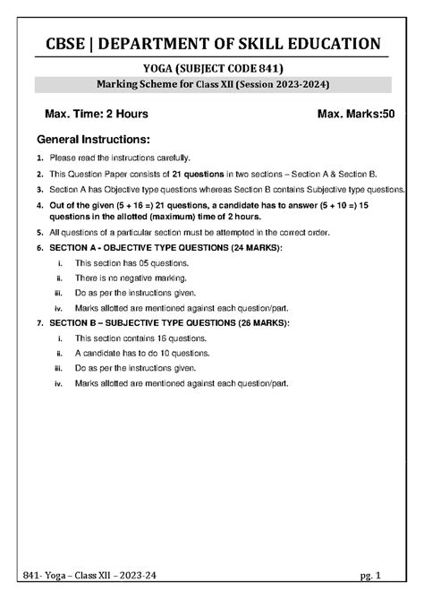 CBSE Yoga Class XII (Subject Code 841) Marking Scheme & Answer Key ...