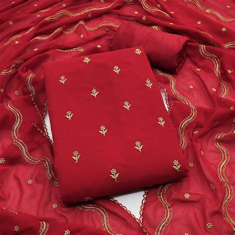 Red Embroidered Georgette Dress Material