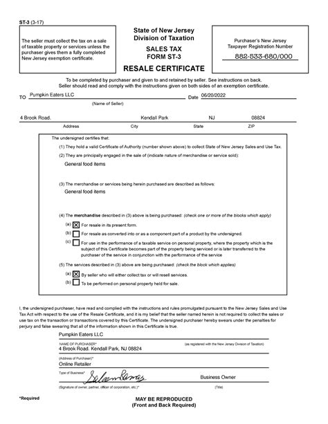 Pumpkin Eaters LLC NJ Resale Certificate (1) new - ST-3 (3-17) The ...