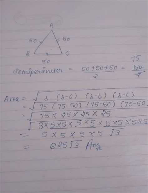 The sides of an equilateral triangle is 50cm. find its area using Heron ...