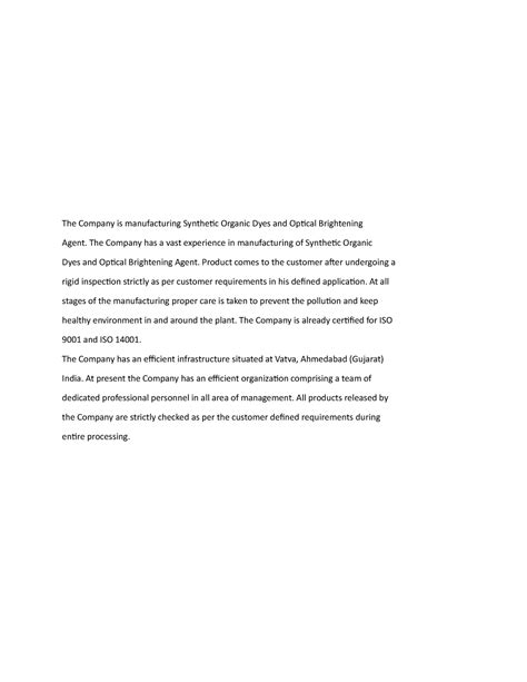 OBA - The Company is manufacturing Synthetic Organic Dyes and Optical ...
