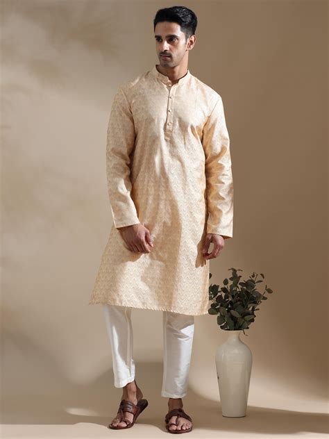 Shop Premium Cream Banarasi Jacquard Mens Long Kurta Online