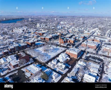 First Congregational Church and Town Common aerial view in winter on ...