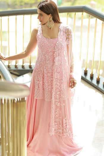 Buy Peach Tulle Sequins, Beads, Cut Work, Embroidery Scoop Floral Kurta ...