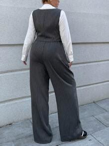 Flirla 2pcs Plus Size Women's Fashion Business Striped Double-Breasted ...