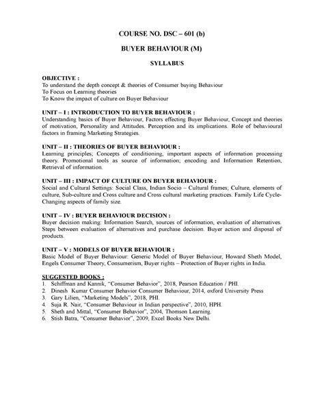 Buyer Behaviour Syllabus - COURSE NO. DSC – 601 (b) BUYER BEHAVIOUR (M ...