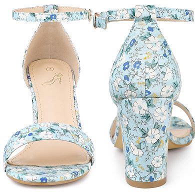 Floral Printed Open Toe Ankle Strap Chunky Heel Sandals for Women