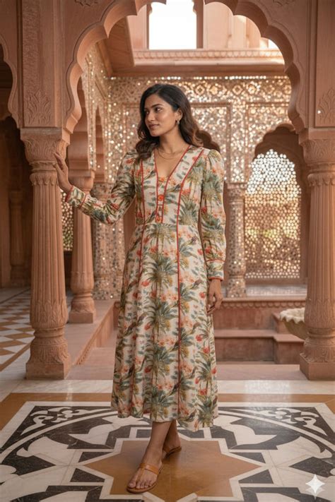 Green animal & floral print midi dress – Gauri Kakodkar Designs