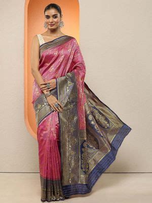 Buy Libas Pink Woven Design Silk Blend Saree with Unstitched Online