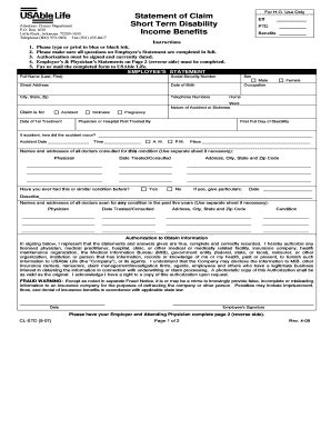 Fillable Online Statement of Claim Short Term Disability P.O. Box 1650 ...