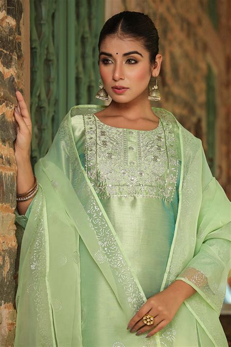 Green Floral Yoke Design Panelled Suit Set PKSKD1431 – Ahika