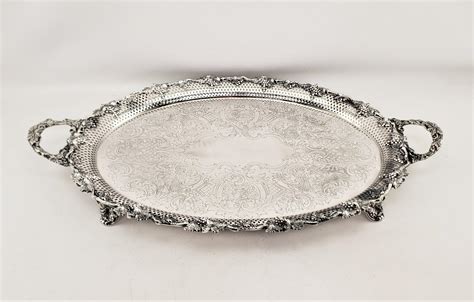 Large Antique Oval Silver Plated Serving Tray with Grape and Leaf ...