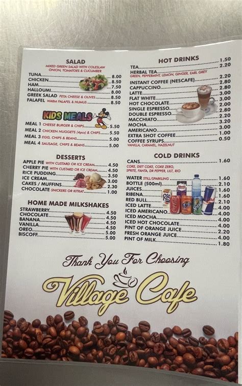 Menu at The Village Cafe, London, 17A Roehampton High St