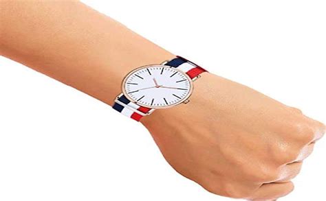 FRIEDRICH Analogue White Slim Dial Luxurious Blue/Red Fabric Strap ...
