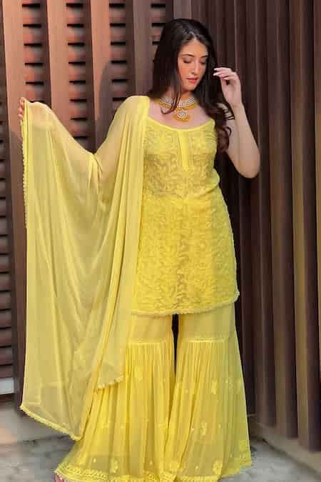 Buy Yellow Georgette Embroidery, Mirrors Scoop Rose Chikankari Kurta ...