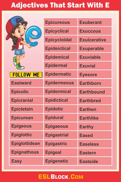Adjectives That Start With E | Preschool sight words, English as a second language, Adjectives