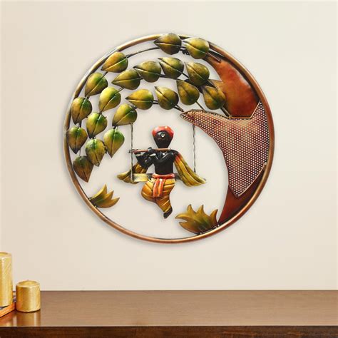 Lord Krishna Playing Flute on Swing Handcrafted Iron Wall Hanging ...