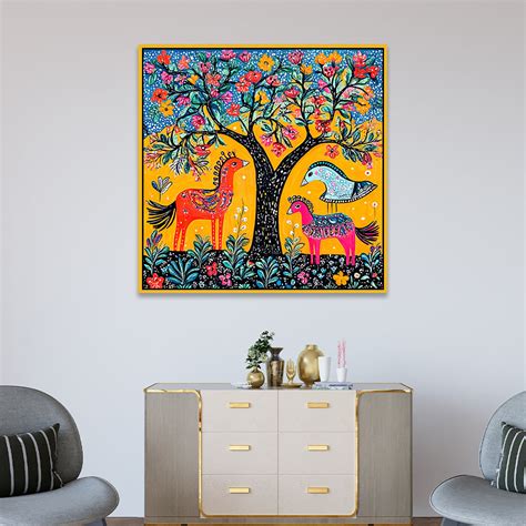 Madhubani Canvas Painting with Nature and Wildlife Depicted in Festive ...