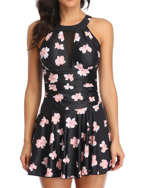 One Piece Swimsuits for Women with Skirt High Neck Plunge Mesh Bathing ...