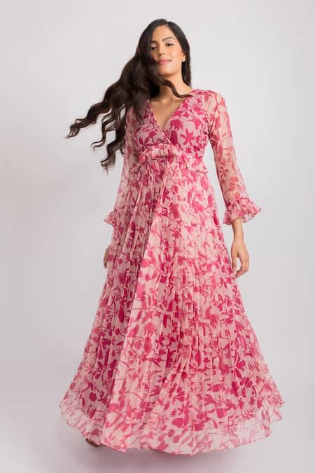 Buy Pink Chiffon Embroidery V-neck Michelle Pleated Dress For Women by ...