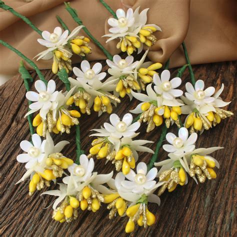Artificial Jasmine and Pearl Floral Hair Veni – Yellow & White ...