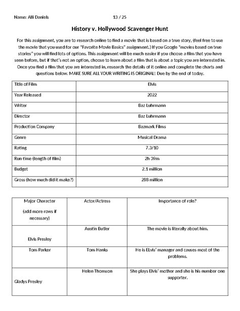 History v. Hollywood: Elvis Film Scavenger Hunt Guide (HIST 13 25 ...
