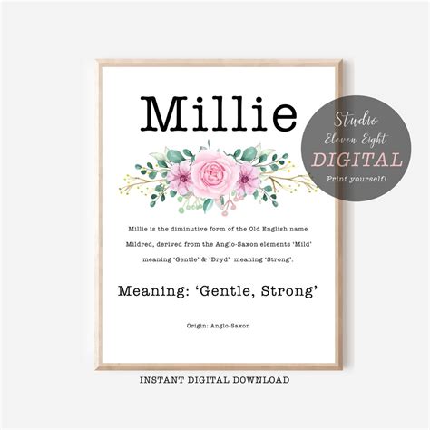 Millie Name Meaning Printable With Pink Flowers and Typewriter Font ...