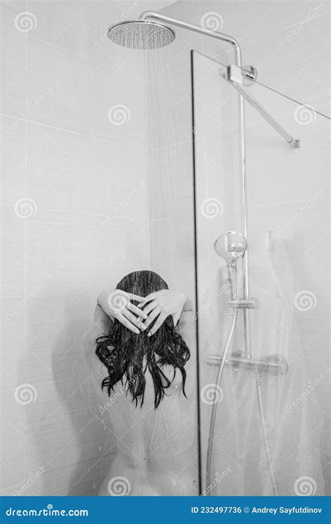 Rear View. Naked Woman Washes Hair in the Shower Stock Photo - Image of ...