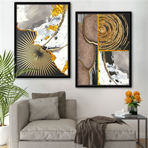 Abstract Golden Tree Rings Fine Art Set of 2 Canvas Prints Contemporar ...