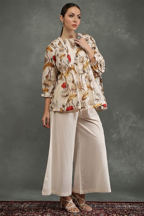 Buy Rohit Bal Cream-Colored Silk Chanderi Floral Printed Gathered Co ...