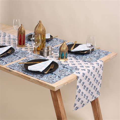 Buy Hand Block Sky Blue Floral Printed Soft Cotton Table Runner – Dmaasa