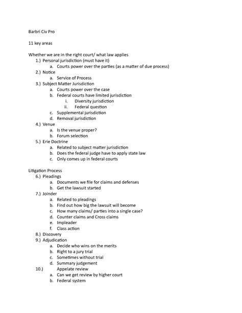 Barbri Civ Pro - Notes from Course - Barbri Civ Pro 11 key areas ...