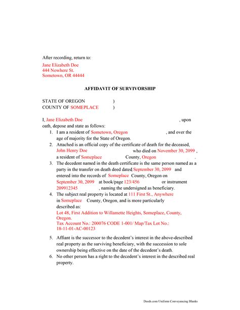 Lane County Transfer on Death Affidavit of Survivorship Form | Oregon ...
