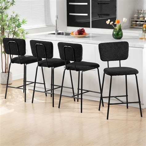 Counter Height Bar Stools Set of 4 - Black Upholstered Boucle Barstools ...