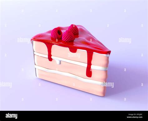 3d piece of cake in pastel colors with raspberries on a purple flat lay ...