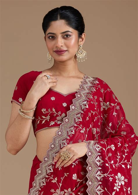 Buy Rani Pink Zariwork (Gold) Georgette Saree - Koskii