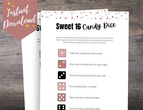 Sweet 16 Candy Dice Game, Sweet 16 Party Game Printable for Her, Sweet ...