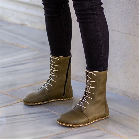 Barefoot Leather Lace-up Olive Green Boots for Women - Nefes Shoes