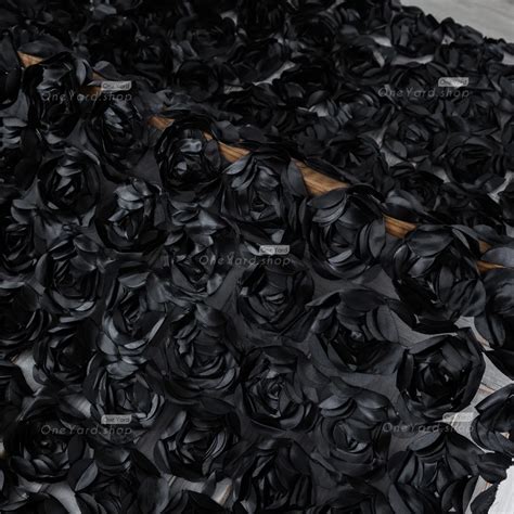 Black 3D Rose Flower Fabric with Sheer Mesh Backing - OneYard