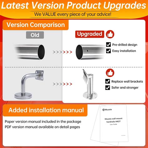 Buy Muzata 5ft Stair Handrail Wall Mounted Handrail 2'' OD Pre-drilled ...