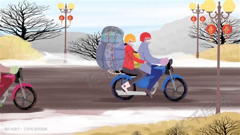 2018猪年新春快乐骑摩托车回家的人插画图片-千库网