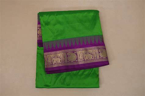Parrot Green with purple borders Ten yards silk saree SS8660 ...