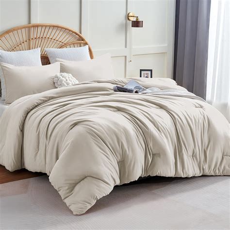 Amazon.com: CozyLux Beige Comforter Set King Size, 3 Pieces Boho Solid ...