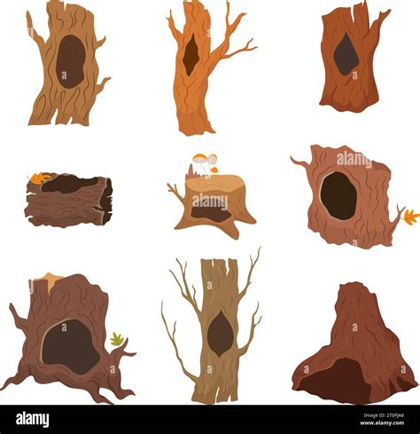 Wooden burrows, tree with holes. Empty animals houses, wood trunks and ...
